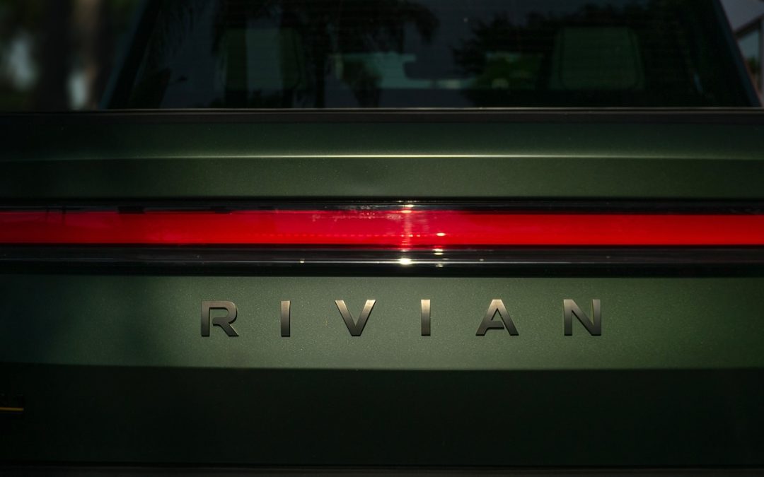 Rivian rear tailgate logo on electric pickup truck